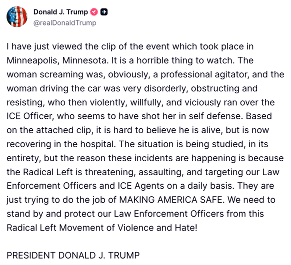 Donald Trump kommentiert auf seiner Social-Media-Plattform «Truth Social» den tödlichen Vorfall von Minneapolis am 7. Januar 2026, bei welchem ein ICE-Agent die US-Bürgerin Renee Nicole Good erschosse ...