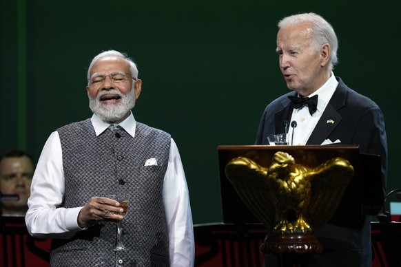 President Joe Biden offers a toast during a State Dinner for India&#039;s Prime Minister Narendra Modi at the White House in Washington, Thursday, June 22, 2023. (AP Photo/Susan Walsh)
Joe Biden,Naren ...