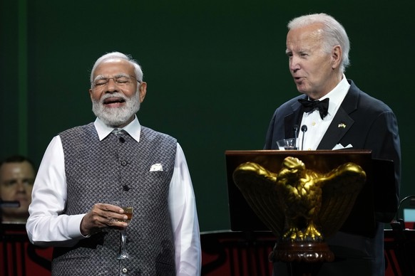President Joe Biden offers a toast at a state dinner for Indian Prime Minister Narendra Modi at the White House in Washington, Thursday, June 22, 2023. (AP Photo/Susan Walsh) Joe Biden, Naren...