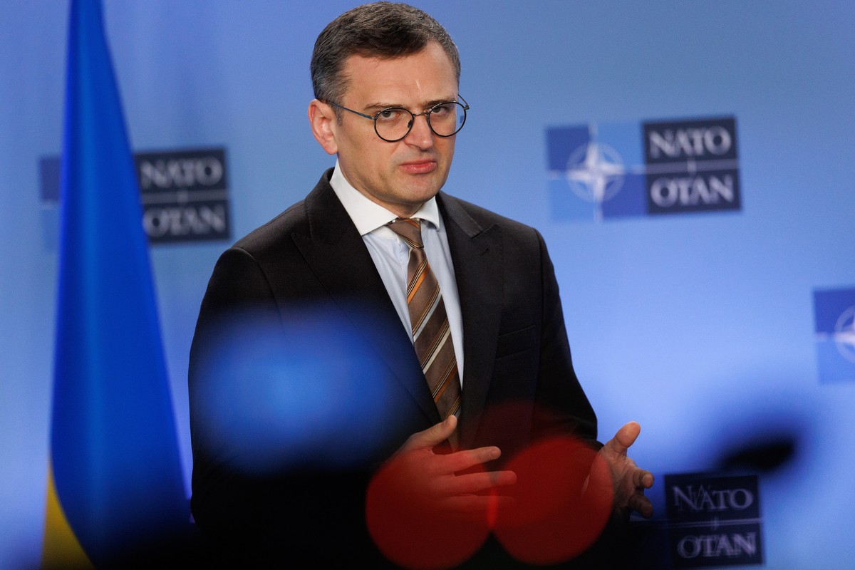 epa11258442 Ukraine's Foreign Minister Dmytro Kuleba delivers a statement during NATO?s 75th anniversary celebration in the Agora to commemorate 75 years of NATO foundation during a North Atlanti ...