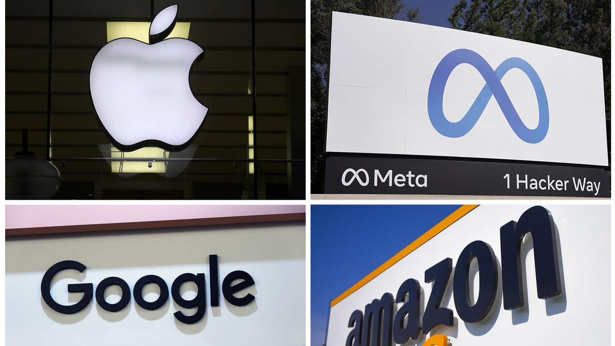This photo combo of images shows logos for Apple, Meta, Google and Amazon. The House on Thursday, Sept. 29, 2022, approved sharply scaled-down legislation targeting the dominance of Big Tech companies ...