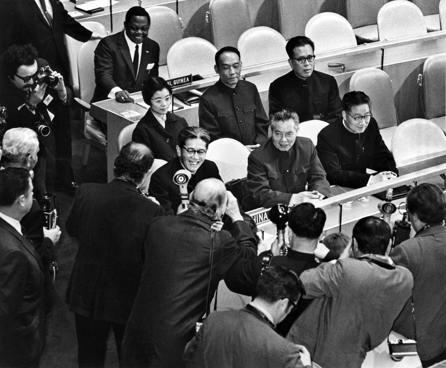 The delegation of the People's Republic of China is formally seated in the United Nations General Assembly on November 15, 1971, seen here as photographers recorded the occasion on film. In the f ...