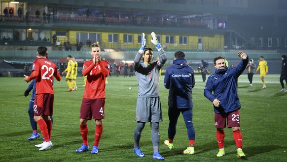 From left, Switzerland&#039;s defender Fabian Schaer, Switzerland&#039;s defender Nico Elvedi, Switzerland&#039;s goalkeeper Yann Sommer and Switzerland&#039;s midfielder Xherdan Shaqiri celebrates th ...