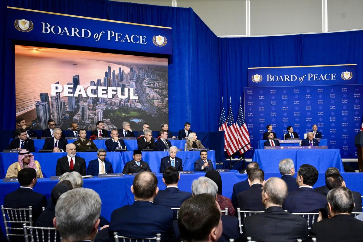 epa12758455 The Gaza reconstruction plan is shown on a screen during the Board of Peace meeting at the Donald J. Trump U.S. Institute of Peace in Washington, USA, 19 February 2026. Established by Dona ...