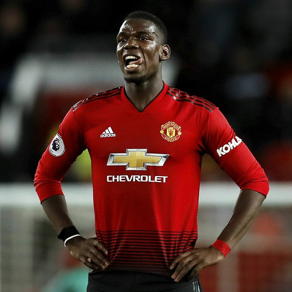 Manchester United&#039;s Paul Pogba reacts during the English Premier League soccer match between Manchester United and Manchester City at Old Trafford Stadium in Manchester, England, Wednesday April  ...