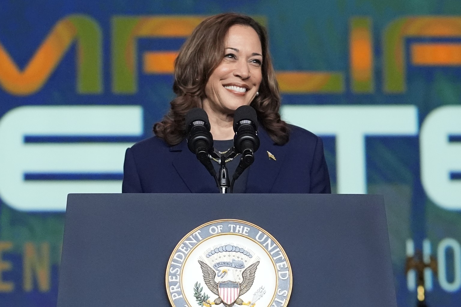 Vice President Kamala Harris delivers remarks at a Sigma Gamma Rho Sorority gathering in Houston, Wednesday, July 31, 2024, in Houston. (AP Photo/Mat Otero)
Kamala Harris