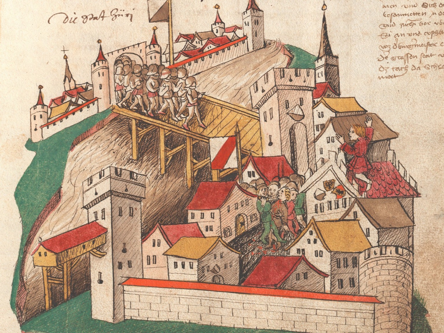 «Mordnacht zu Zürich», 24. Februar 1350: Bürgermeister Rudolf Brun schlägt auf dem Dach des Rathauses Alarm.
https://www.e-manuscripta.ch/zuz/content/zoom/2402484