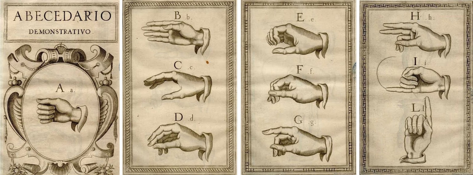 Das Gehörlosen-ABC von Juan Pablo Bonet, 1620.
http://www.lenguadesignos.info/2010/09/origen-de-las-lenguas-de-signos_15.html