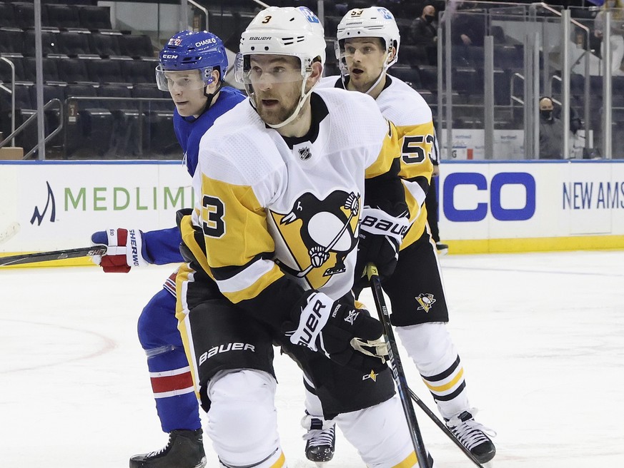 Pittsburgh Penguins&#039; Yannick Weber skates against the New York Rangers during an NHL hockey game Saturday, Jan. 30, 2021, in New York. (Bruce Bennett/Pool Photo via AP)