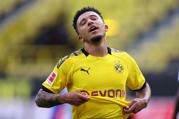 epa08469723 Jadon Sancho of Borussia Dortmund reacts to a missed chance on goal during the German Bundesliga soccer match between Borussia Dortmund and Hertha BSC at Signal Iduna Park in Dortmund, Ger ...