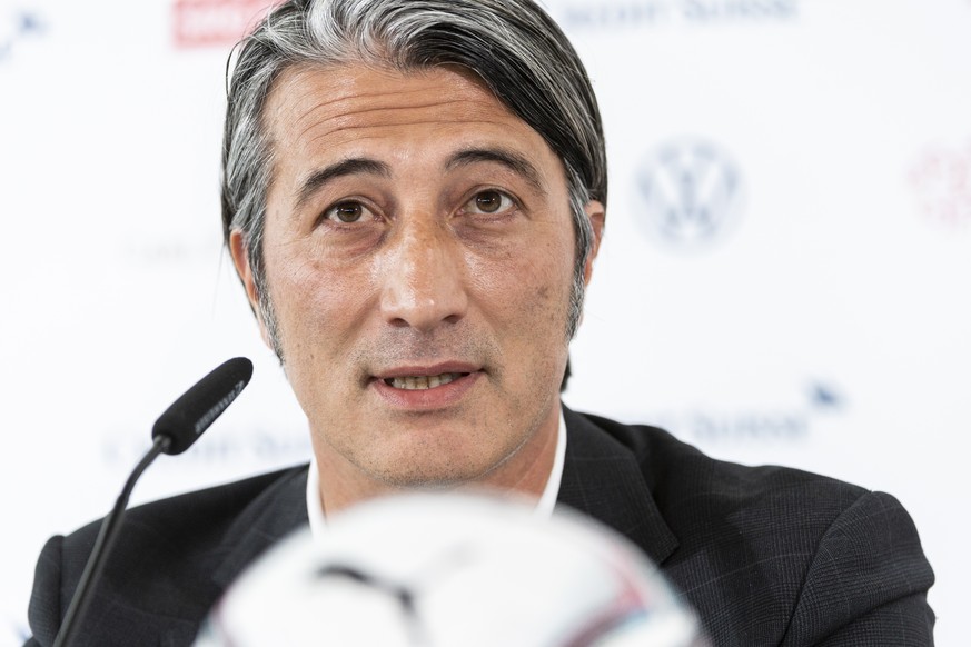 Swiss soccer coach Murat Yakin speaks at a press conference where he is presented as the new coach of Switzerland&#039;s national team in Muri, Switzerland, Monday, August 9, 2021. The former player a ...