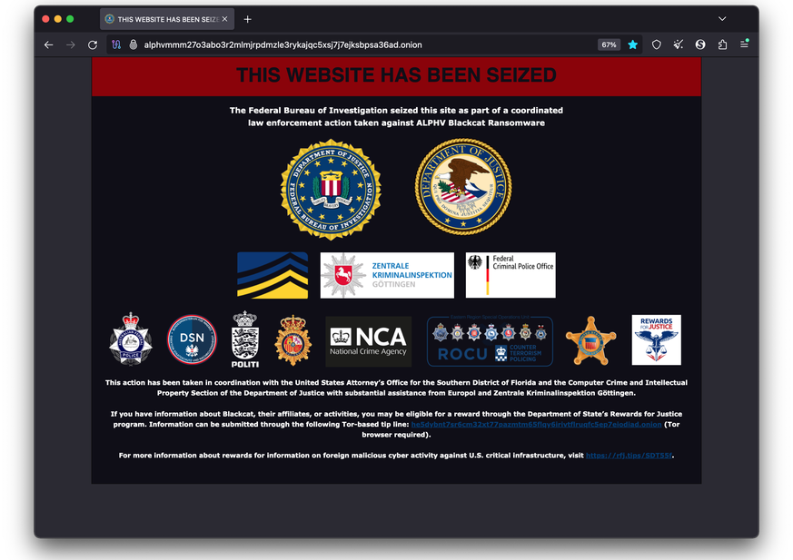 The darknet leak site of the ALPHV ransomware gang has been seized by the FBI and other law enforcement agencies.