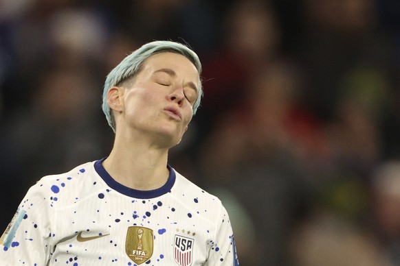 USA's Megan Rapinoe reacts after she misses during a penalty shootout in the Women's World Cup Round of 16 match between Sweden and the USA in Melbourne, Australia.