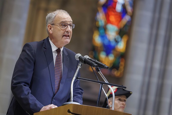 Le conseiller federal Guy Parmelin s&#039;exprime lors de la ceremonie de l&#039;anniversaire des 750 ans de la consecration de la Cathedrale de Lausanne, ce lundi 20 octobre 2025 a la Cathedrale de L ...
