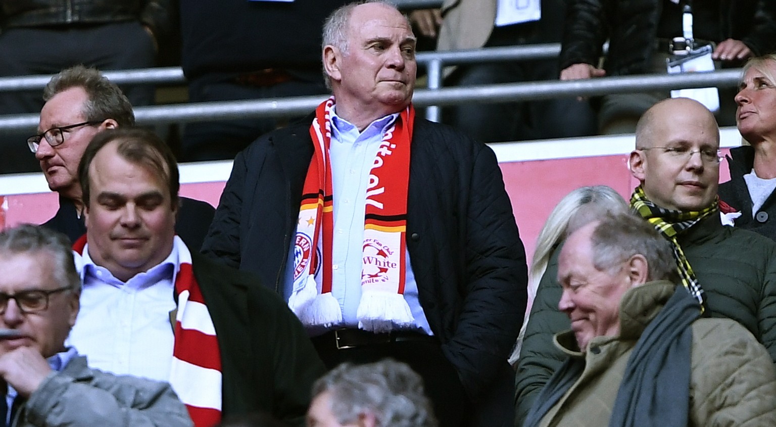 epa07488867 Bayern Munich President Uli Hoeness attends the German Bundesliga soccer match between FC Bayern Munich and Borussia Dortmund in Munich, Germany, 06 April 2019. EPA/LUKAS BARTH-TUTTAS COND ...