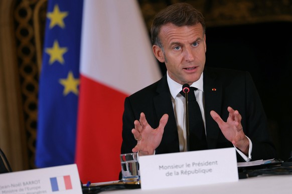 epa12442270 France&#039;s President Emmanuel Macron speaks during a a Ministerial meeting on the implementation of the Middle East peace plan at the Quai d&#039;Orsay, France&#039;s Ministry for Europ ...