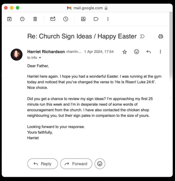 harriet richardson stop emailing us kirche london england https://www.instagram.com/hatsrichardson/