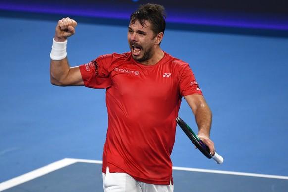 epa10382421 Stan Wawrinka of Switzerland reacts after winning his match against Alexander Bublik of Kazakhstan during the 2023 United Cup tennis match between Switzerland and Kazakhstan at Pat Rafter  ...