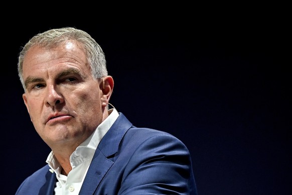 epa09452772 Lufthansa CEO Carsten Spohr reacts as he delivers a speech at the International Motor Show IAA in Munich, Germany, 07 September 2021. The 2021 International Motor Show Germany IAA 2021, wh ...