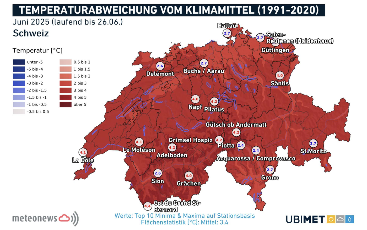 Temperaturabweichung vom Klimamittel im Juni 2025 in der Schweiz.