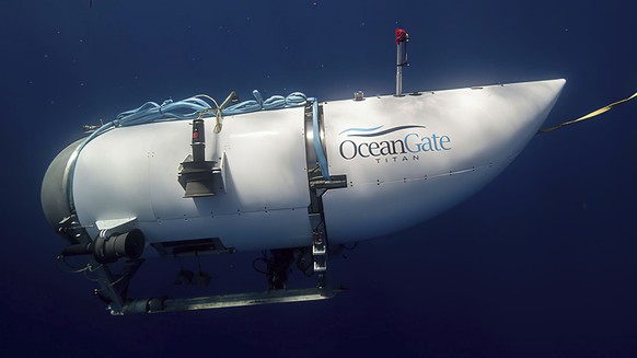 This photo provided by OceanGate Expeditions shows a submersible vessel named Titan used to visit the wreckage site of the Titanic. In a race against the clock on the high seas, an expanding internati ...