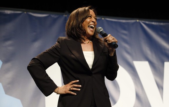 Democratic presidential candidate Kamala Harris speaks during the Iowa Democratic Party&#039;s Hall of Fame Celebration, Sunday, June 9, 2019, in Cedar Rapids, Iowa. (AP Photo/Charlie Neibergall)