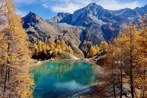 Panoramic view of the idyllic summer landscape in the Alps with clear mountain lake and fresh autumn mountain trees in the background.
