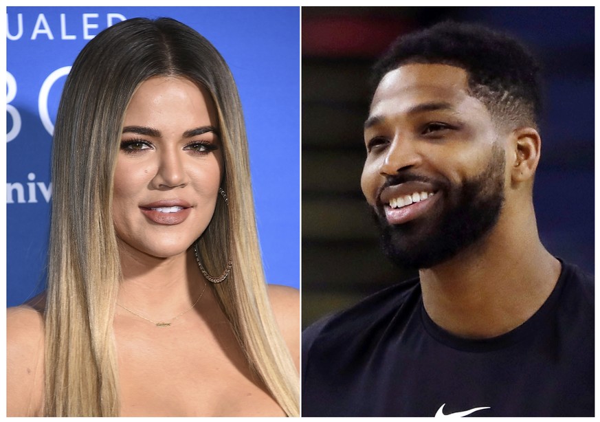 This combination photo shows TV personality Khloe Kardashian at the NBCUniversal Network 2017 Upfront in New York on May 15, 2017, left, and Cleveland Cavaliers&#039; Tristan Thompson during an NBA ba ...