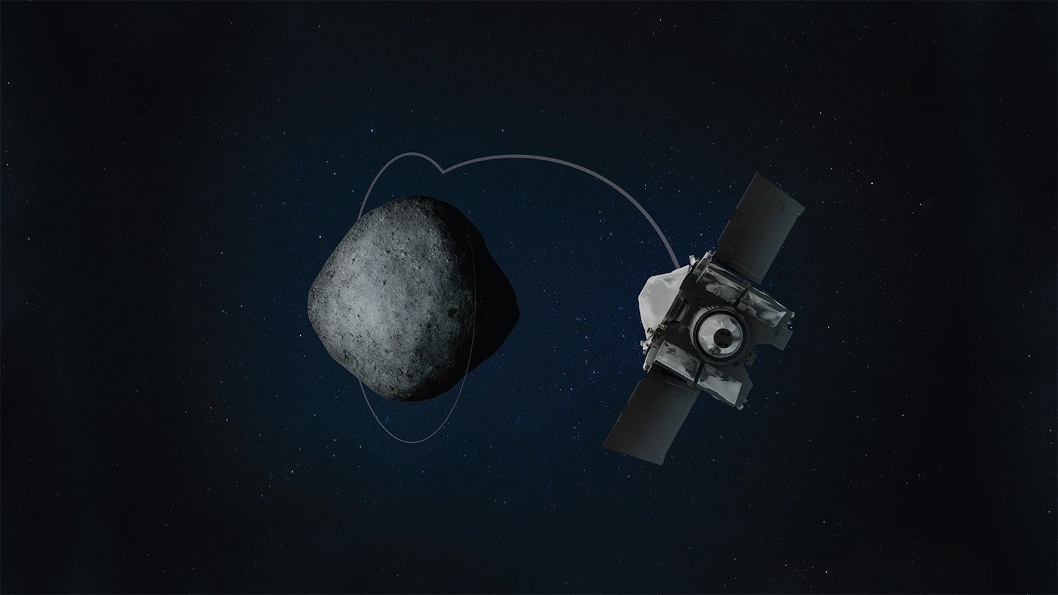 Artist&#039;s concept of OSIRIS-REx entering orbit at asteroid Bennu.