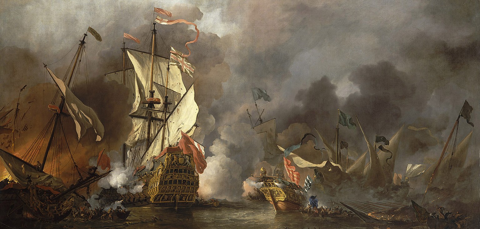 Ein englisches Schiff im Kampf gegen die Korsaren. Wenn die Eisenkugeln die Schiffswände durchschlugen, flogen Holz- und Metallteile durch die Luft, die die Haut der Männer zerfetzten und entsetzliche Verletzungen verursachten.