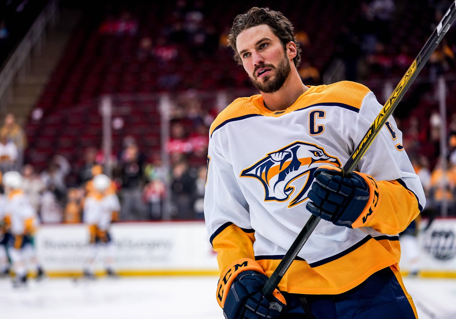 NEWARK, NJ - JANUARY 30: Nashville Predators Defenceman Roman Josi 59 skates some laps during warmups before the game between the Nashville Predators and the New Jersey Devils on January 30, 2020 at t ...