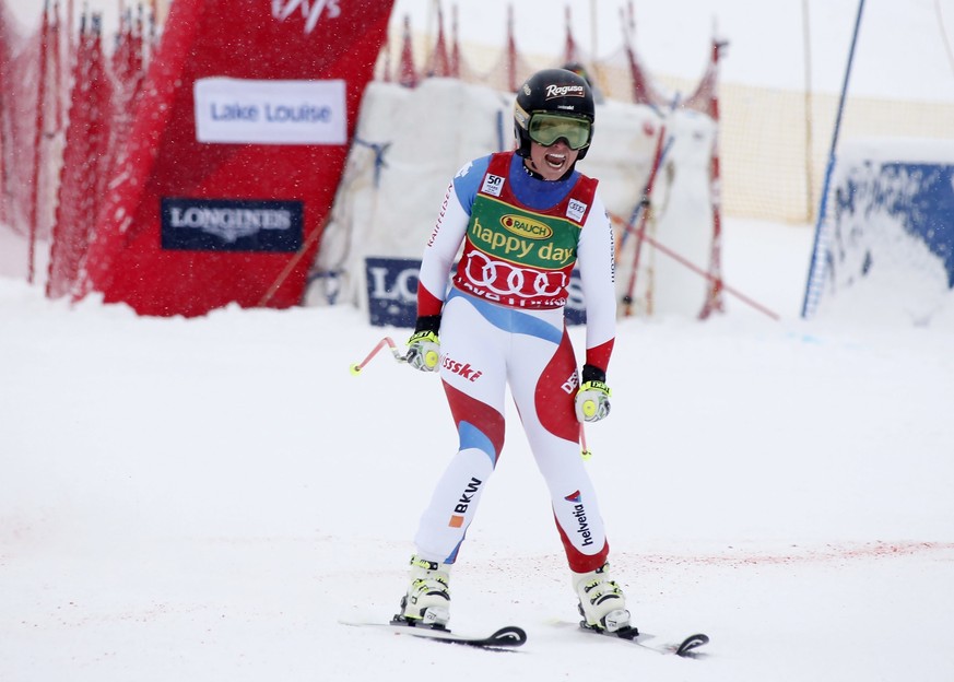 Switzerland's Lara Gut reacts in the finish area following her run in the women's World Cup super-G ski race at Lake Louise, Alberta, Sunday, Dec. 4, 2016. (Jeff McIntosh/The Canadian Press  ...