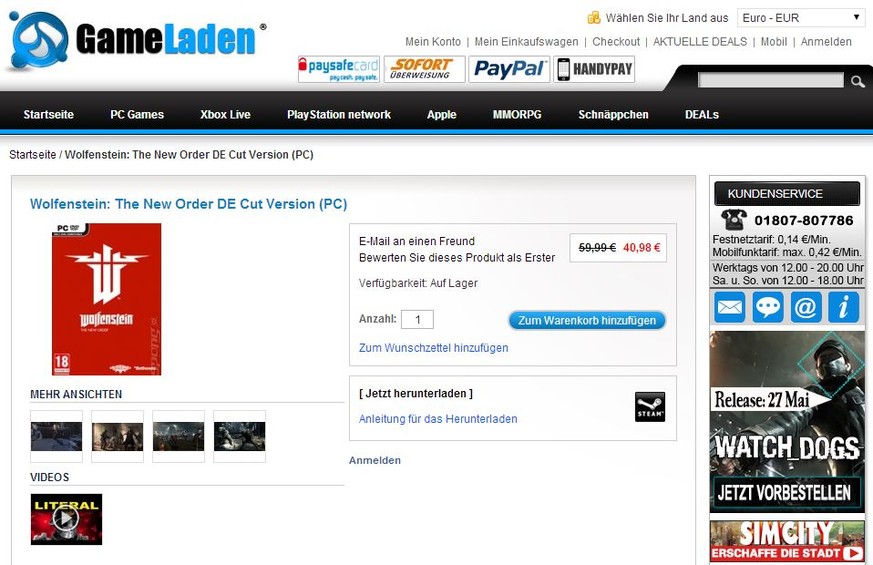 «Wolfenstein: The New Order» kostet bei Steam 50 Euro. Der Gameladen verlangt 10 Euro weniger. Bietet allerdings auch nur die zensierte Version an.