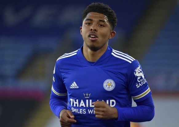 FILE - In this Thursday, April 22, 2021 file photo, Leicester&#039;s Wesley Fofana runs during the English Premier League soccer match between Leicester City and West Bromwich Albion at the King Power ...