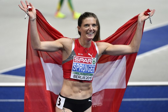 Switzerland&#039;s Lea Sprunger celebrates after win the gold medal in the women&#039;s 400m hurdles final at the 2018 European Athletics Championships in the Olympiastadion stadium in Berlin, Germany ...