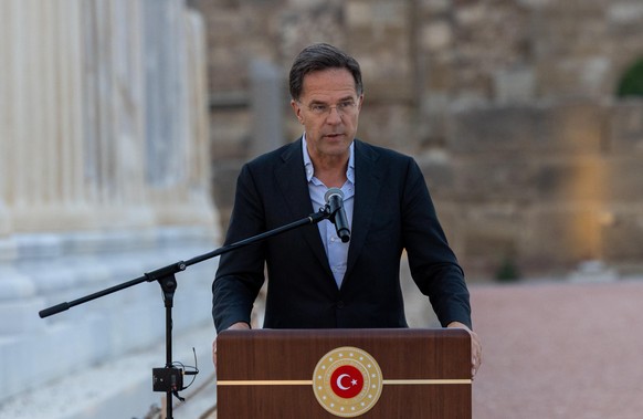 epa12100484 A handout photo made available by the Turkish Foreign Ministery Press Office shows, NATO Secretary General Mark Rutte speaks during a opening ceremony of the informal meeting of the North  ...