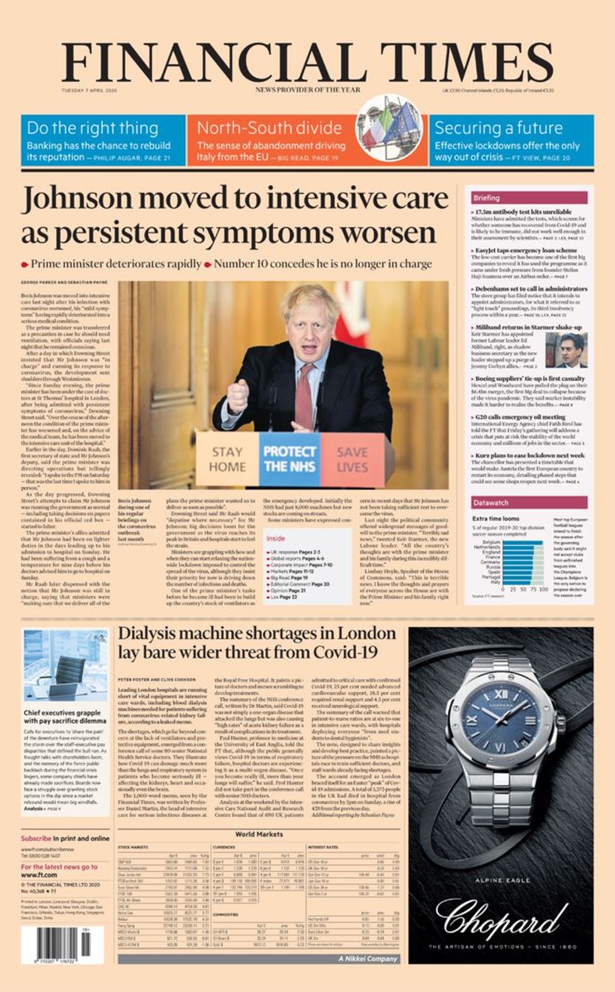 Britische Zeitungen am Tag, nach dem Premierminister Boris Johnson auf die Intensivstation verlegt wurde.