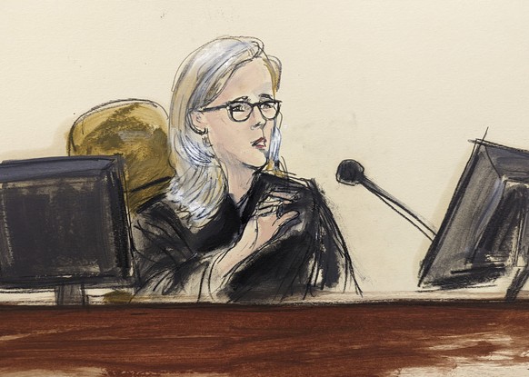 In this courtroom sketch, United States District Court Judge Ann Donnelly speaks during R. Kelly&#039;s sentencing, in federal court, in New York, Wednesday, June 29, 2022. R. Kelly was sentenced to 3 ...