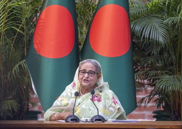 epa11526982 (FILE) Bangladesh Prime Minister Sheikh Hasina addresses a meeting with foreign observers and journalists in Dhaka, Bangladesh, 08 January 2024 (reissued 05 August 2024). Dhaka authorities ...