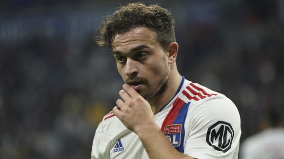 Lyon's Xherdan Shaqiri reacts during the French League One soccer match between Lyon and Troyes at the Groupama stadium in Lyon, France, Wednesday, Sept. 22, 2021. (AP Photo/Laurent Cipriani)
