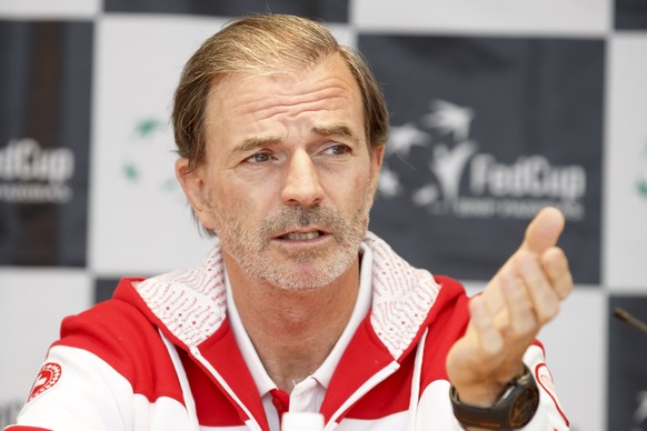 Swiss Fed Cup Team captain Heinz Guenthardt speaks to the media, after the drawing of the Fed Cup World Group Semifinal match between Belarus and Switzerland, in Minsk, Belarus, Friday, April 21, 2017 ...