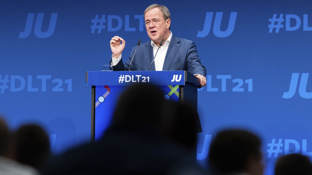 Armin Laschet, CDU Federal Chairman and Minister President of North Rhine-Westphalia, speaks at the 'Junge Union's Germany Day in Muenster, Germany, Saturday, Oct. 16, 2021. The leader of ou ...
