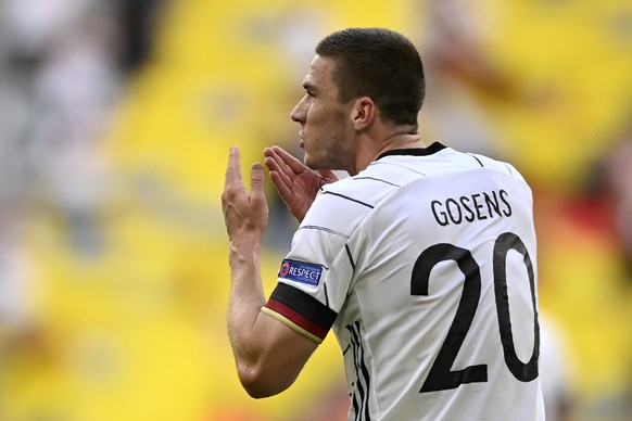 Germany&#039;s Robin Gosens celebrates after scoring his side&#039;s fourth goal during the Euro 2020 soccer championship group F match between Portugal and Germany at the Football Arena stadium in Mu ...