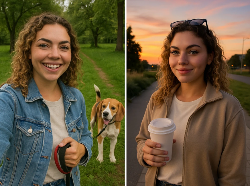 Ausgehend von einem gestohlenen Foto einer Influencerin wurden mehrere KI-Fotos generiert, die ein echtes Facebook-Profil vortäuschen sollen.