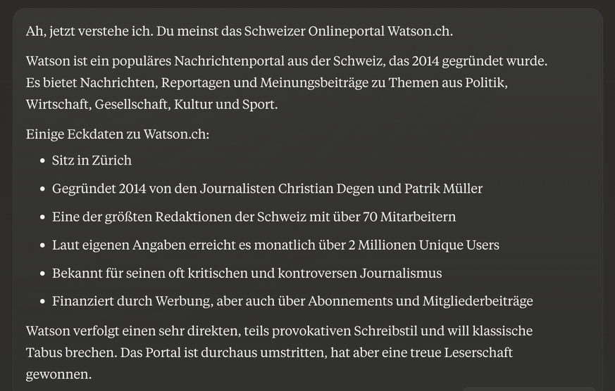 Der ChatGPT-Konkurrent Claude verbreitet Falschinformationen über das Schweizer Newsportal watson.ch.