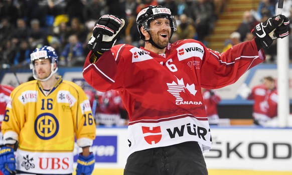 Team Canada`s Eric Fehr celebrates after scoring 3-0 during the game between Team Canada and HC Davos, at the 93th Spengler Cup ice hockey tournament in Davos, Switzerland, Saturday, December 28, 2019 ...