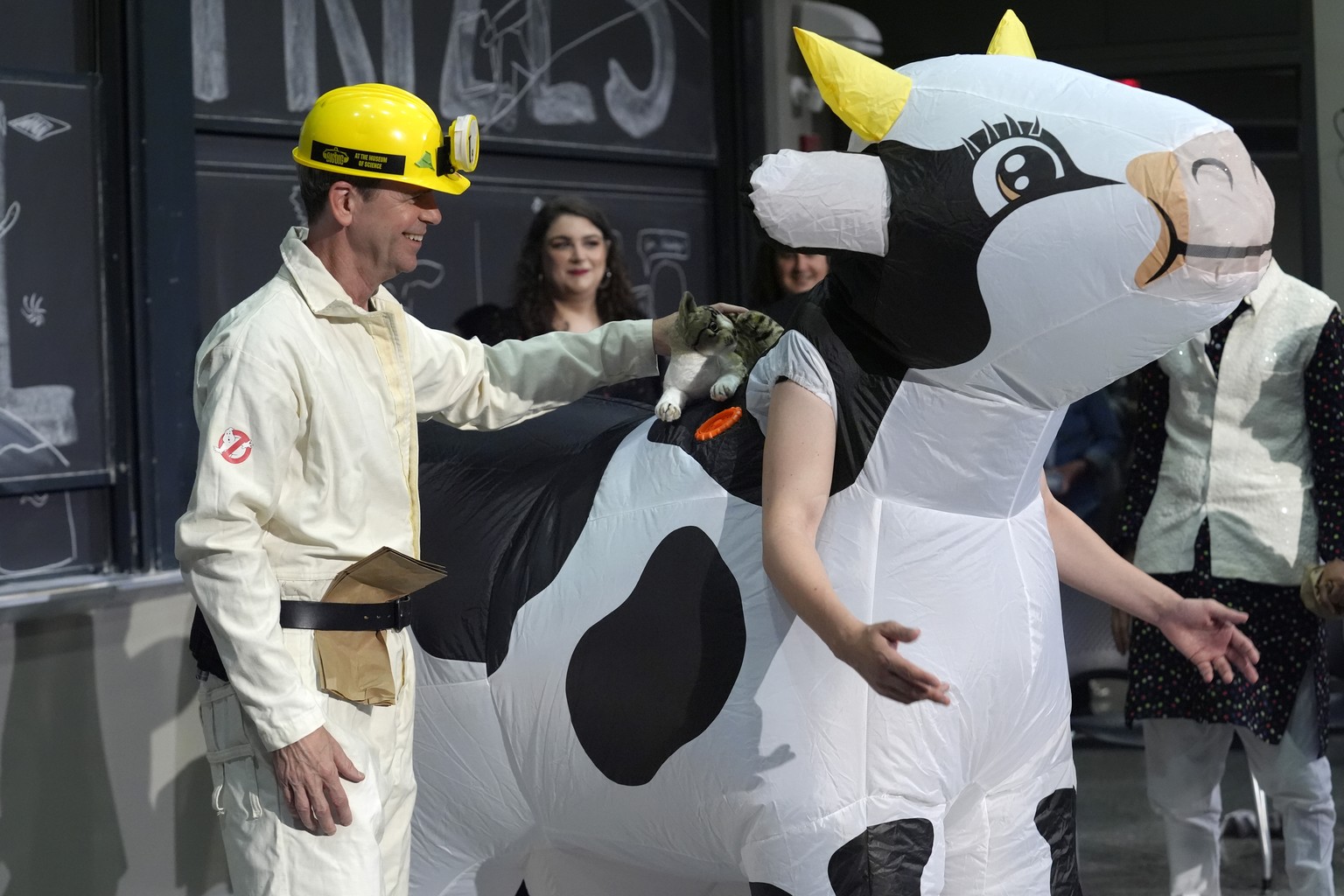 A performer places a stuffed toy cat on an inflatable cow, Thursday, Sept. 12, 2024, to demonstrate exploding a paper bag next to a cat that&#039;s standing on the back of a cow, to explore how and wh ...
