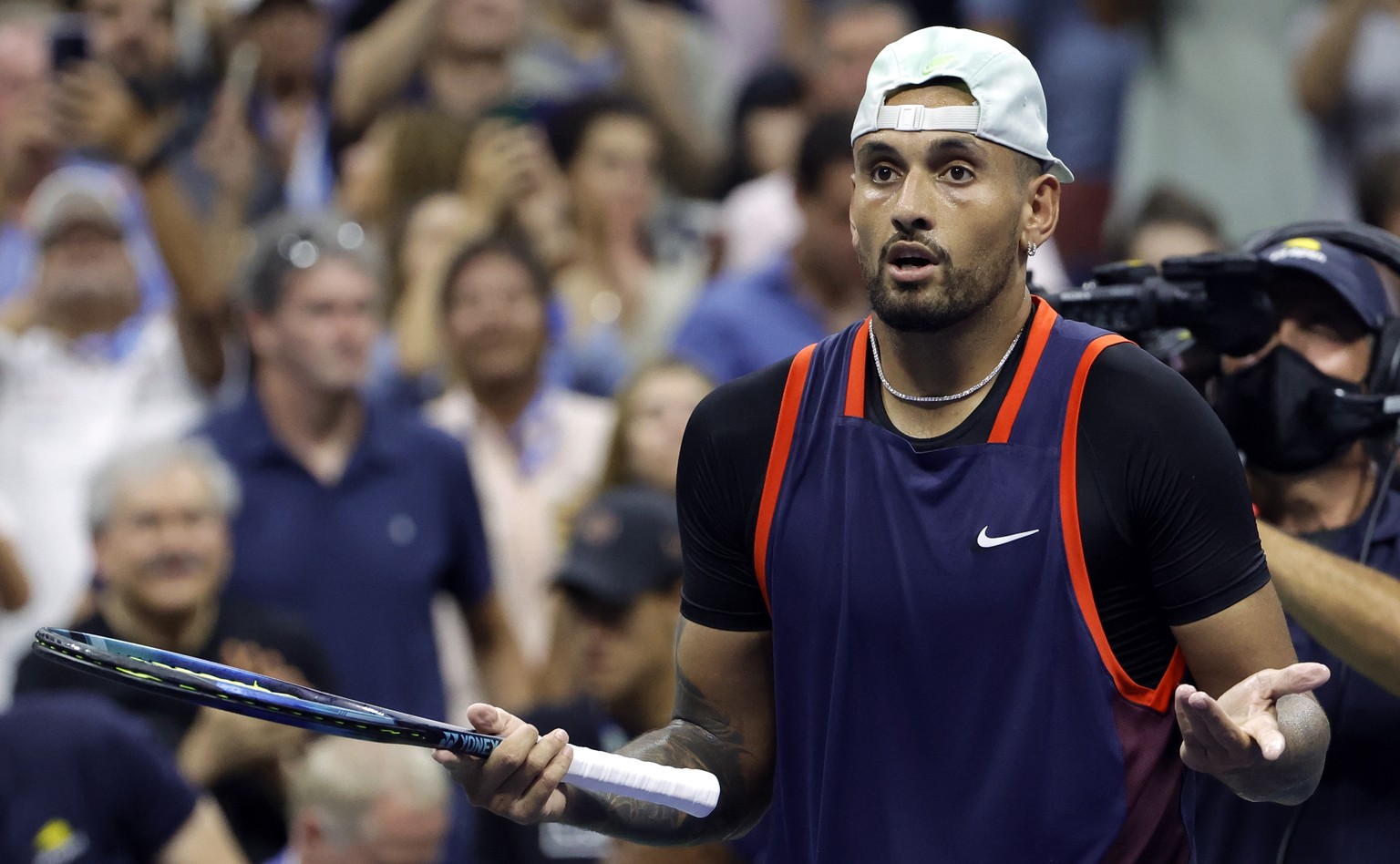 epa10160557 Nick Kyrgios of Australia reacts after defeating Daniil Medvedev of Russia during during their fourth round match at the US Open Tennis Championships at the USTA National Tennis Center in  ...