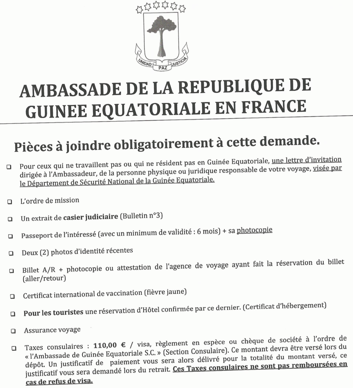 Auszug aus den Visabestimmungen für Äquatorialguinea.
