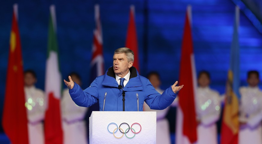 epa09774154 International Olympic Committee (IOC) President Thomas Bach delivers his speech during the Closing Ceremony for the Beijing 2022 Olympic Games at the National Stadium, also known as Bird&# ...